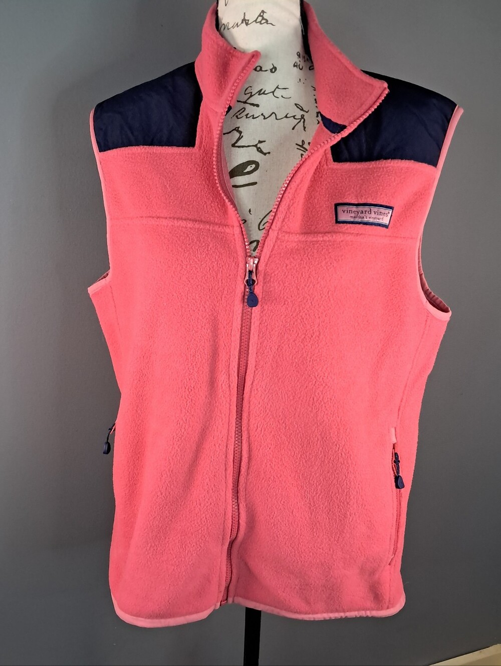 Vineyard Vines Womens Fleece Vest Full Zip Sleeveless Pink Navy Blue Size Small